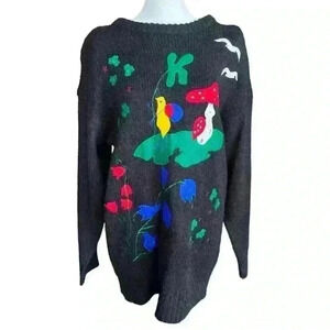 Vintage Rafael Black Mojair Oversied Tunic Sweater with Forest Mushroom Appliqué
